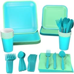 Hallmark Color Pop 96-Piece Tableware Basics Party Kit, Sea Green And Aqua