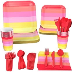 Hallmark Color Pop 96-Piece Tableware Basics Party Kit, Warm Ombré Stripe
