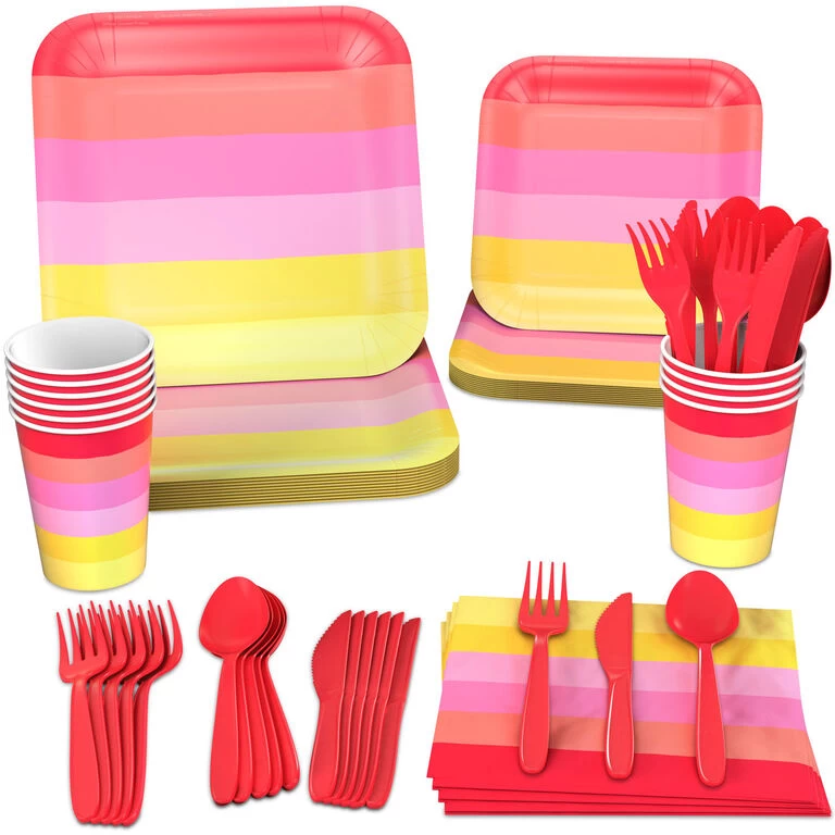 Hallmark Color Pop 96-Piece Tableware Basics Party Kit, Warm Ombré Stripe 3 Hallmark Color Pop 96-Piece Tableware Basics Party Kit, Warm Ombré Stripe