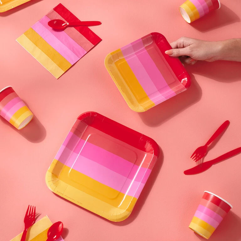 Hallmark Color Pop 96-Piece Tableware Basics Party Kit, Warm Ombré Stripe 5 Hallmark Color Pop 96-Piece Tableware Basics Party Kit, Warm Ombré Stripe - Image 3