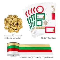 Hallmark Christmas Gift Wrap Kit With Wrapping Paper, Bows, Ribbons And Tags -Hallmark RedWhiteGreen 3Roll Holiday Wrapping Paper Set 5JXW1200 08